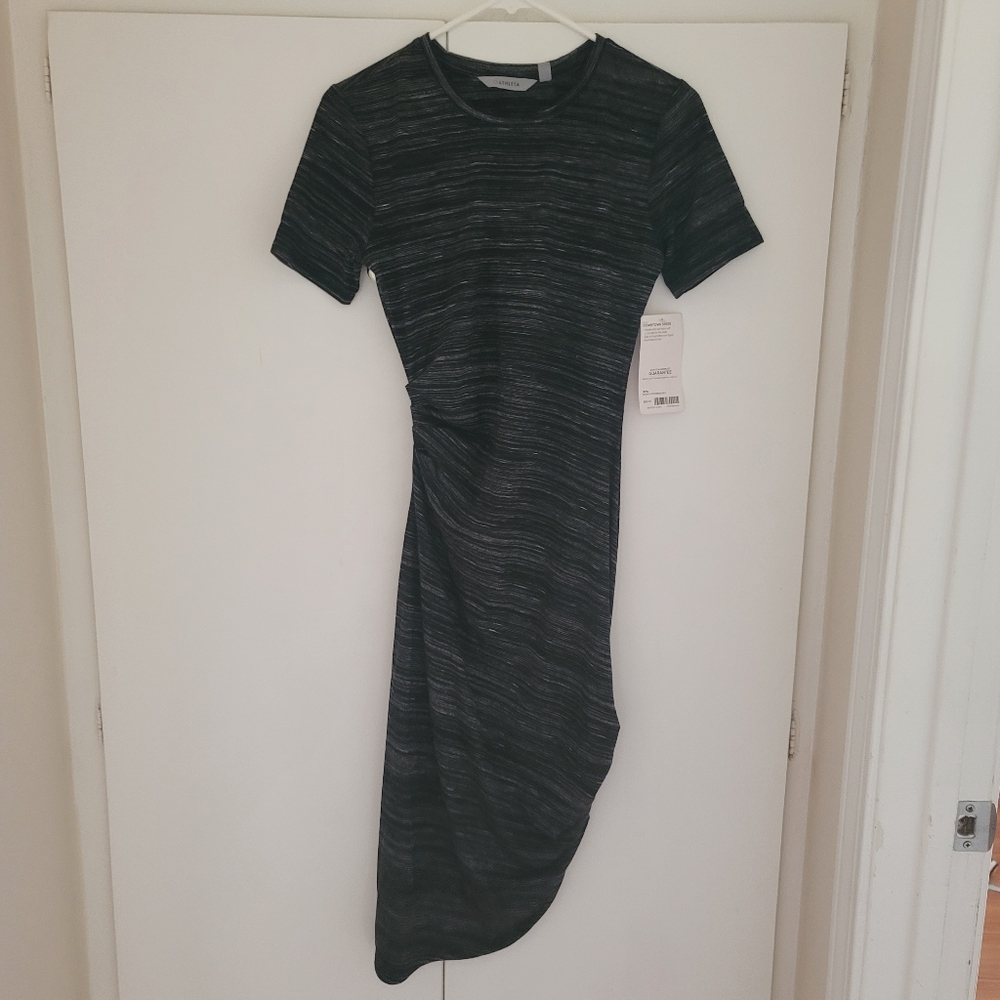 Cinched ruched asymmetrical body con striped athleta downtown dress